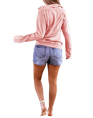 Floral Find Women's Long Sleeve Lapel Half Zip Up Sweatshirt Solid Stylish Loose Fit Casual Pullover Tops (A-pink, Small) - Image 3
