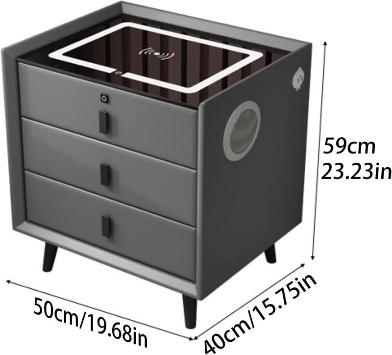Silver Martini Silver Martini Bedside Table with 3 Drawer 2 Bluetooth Speaker USB Charging and Fingerprint Lock with Adjustable Brightness 3 Colors LED Sensor Light with Charging Station Nightstand Dark Grey  - Image 2