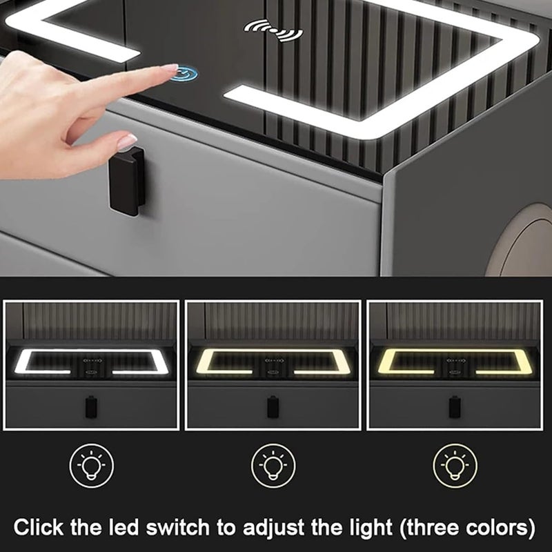 Silver Martini Silver Martini Bedside Table with 3 Drawer 2 Bluetooth Speaker USB Charging and Fingerprint Lock with Adjustable Brightness 3 Colors LED Sensor Light with Charging Station Nightstand Dark Grey  - Image 5