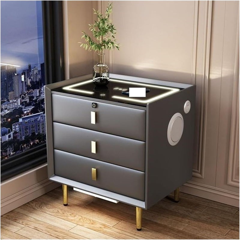 Silver Martini Silver Martini Bedside Table with 3 Drawer 2 Bluetooth Speaker USB Charging and Fingerprint Lock with Adjustable Brightness 3 Colors LED Sensor Light with Charging Station Nightstand Dark Grey  - Image 1
