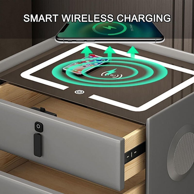 Silver Martini Silver Martini Bedside Table with 3 Drawer 2 Bluetooth Speaker USB Charging and Fingerprint Lock with Adjustable Brightness 3 Colors LED Sensor Light with Charging Station Nightstand Dark Grey  - Image 3