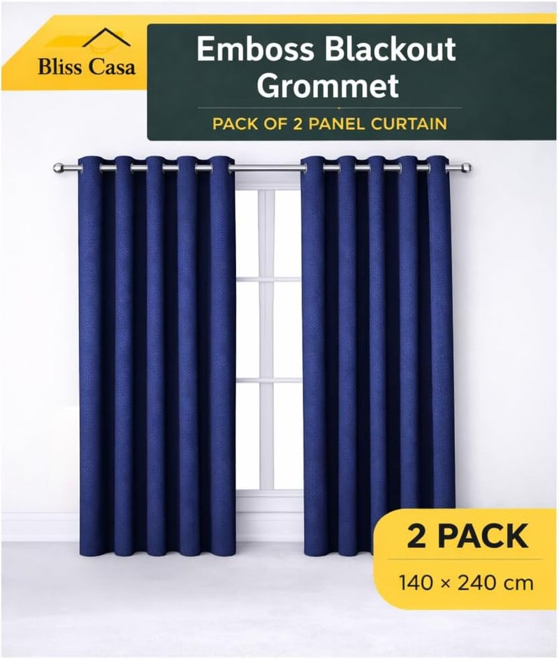 Bliss Casa Embossed Blackout Curtain Panels 140×240 cm – Thermal Insulated, Noise Reducing, Light & UV Blocking Grommet Drapes for Bedroom & Living Room, 2-Panels, (Deep Blue) - Image 3