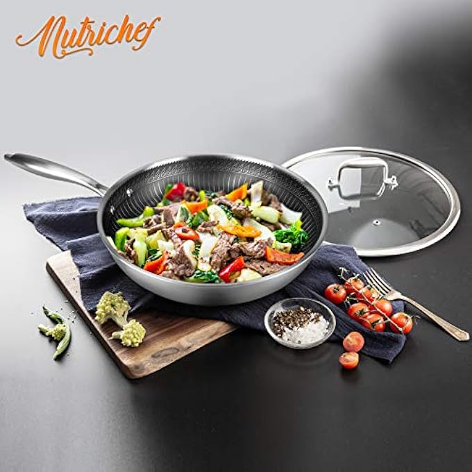 نيوتري شيف مقلاة من الفولاذ المقاوم للصدأ 8، مقلاة تريبلي كيتشن وير، مقلاة ستير فراي، أدوات طهي المطبخ، WDakin، طلاء غير لاصق، مقاوم للخدش، مرفوع لأعلى، نمط منسوج على شكل قرص العسل، Nc3Pl8 - Image 2