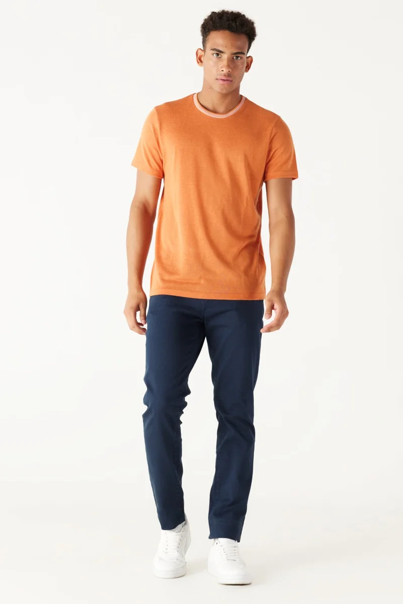 Altınyıldız Classics Men's Orange Slim Fit Narrow Cut Crew Neck Linen Look T-Shirt