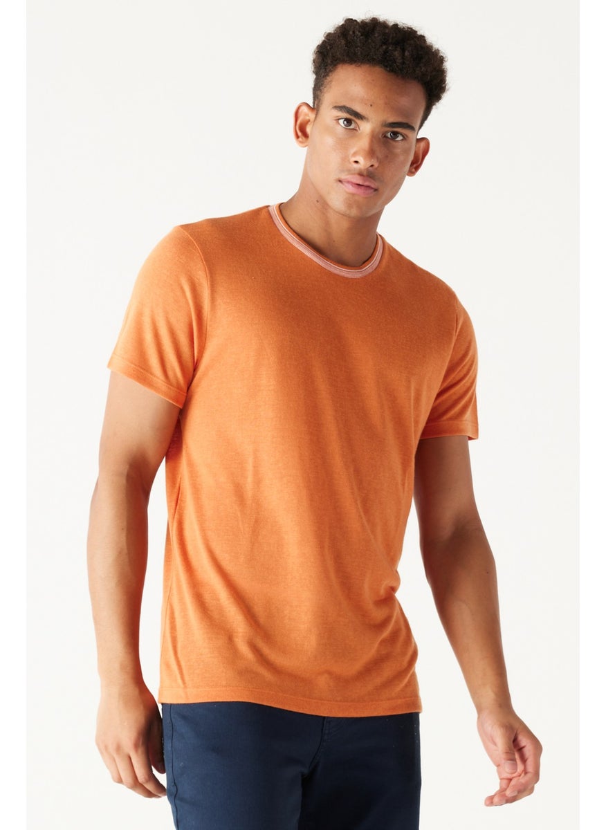 AC&Co / Altınyıldız Classics - Men's Orange Slim Fit Slim Cut Crew Neck Linen Look T-Shirt - Image 1