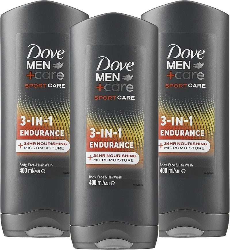 Dove MenCare 3in1 Endurance Body Face Hair Wash 400ml Pack of 3 24hr Nourishing MicroMoisture Sport Care Shower Gel for Clean Hydrated Skin Multipack
