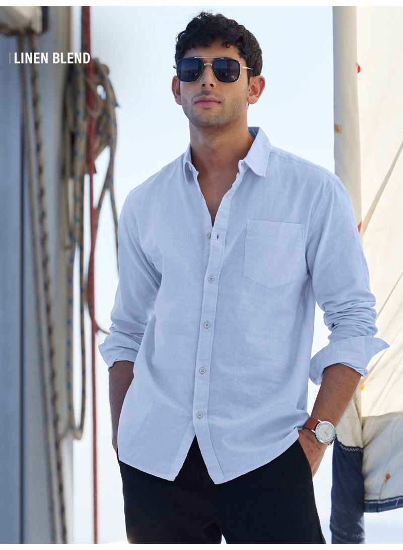 The Souled Store Men Sky Blue Solid Regular Fit Cotton Linen Shirts - Image 1