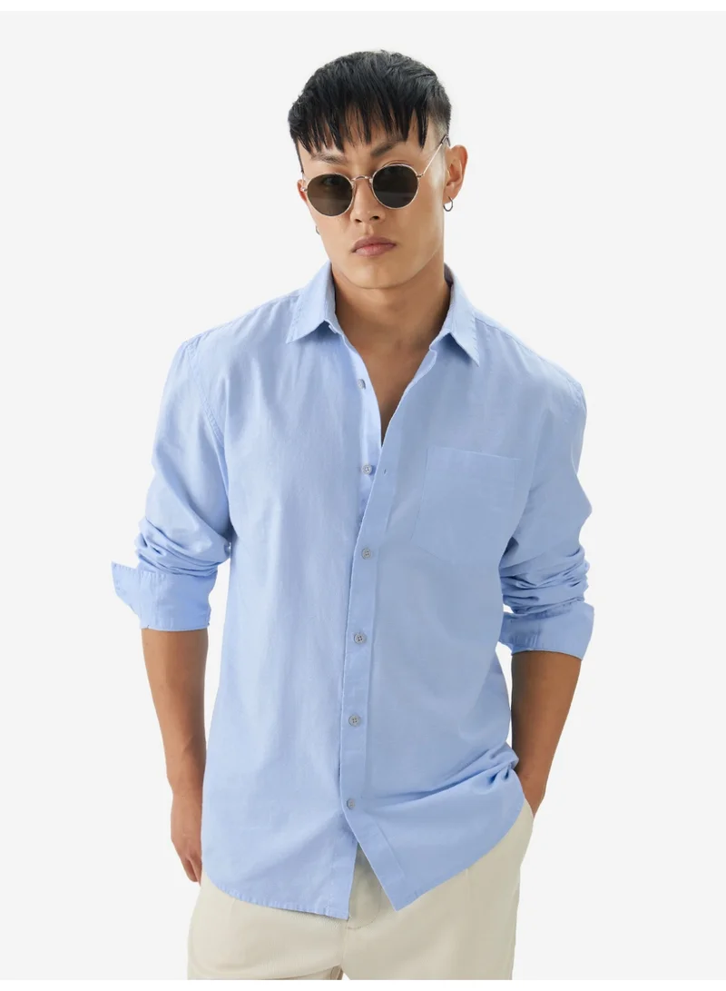 The Souled Store The Souled Store Men Sky Blue Solid Regular Fit Cotton Linen Shirts