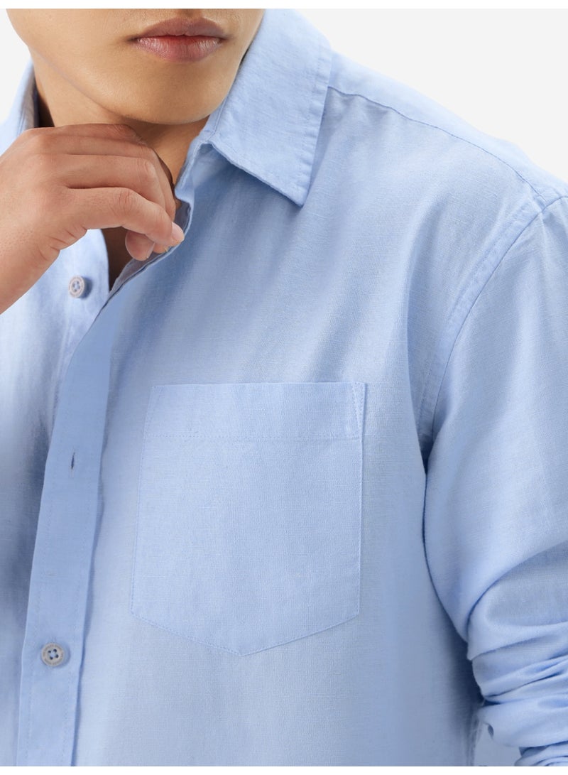 The Souled Store Men Sky Blue Solid Regular Fit Cotton Linen Shirts - Image 3