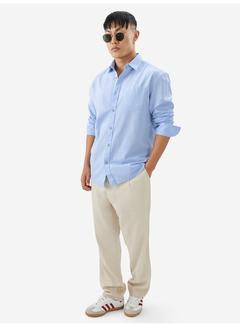 The Souled Store Men Sky Blue Solid Regular Fit Cotton Linen Shirts - Image 4