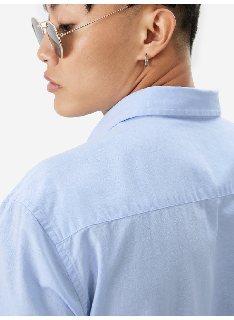 The Souled Store Men Sky Blue Solid Regular Fit Cotton Linen Shirts - Image 5