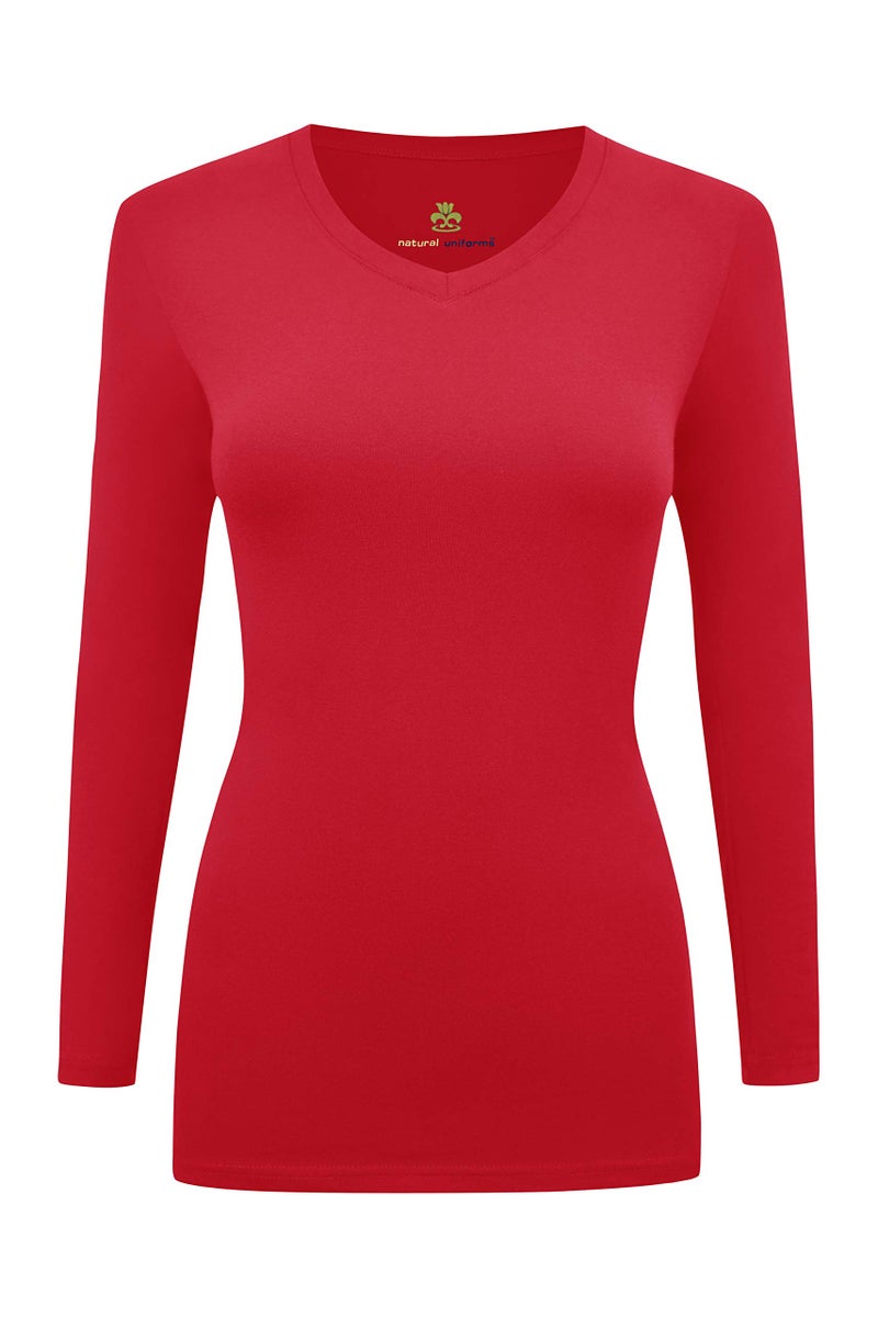 Natural Uniforms Women's Long Sleeve V-Neck T-Shirt Under Scrub (Red, Large) - Image 1