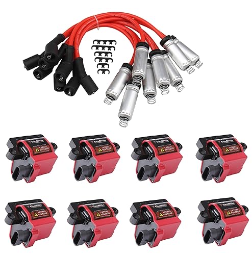 CarBole 8Pcs Ignition Coil Pack 8Pcs 8mm Spark Plug Wire Fit For Cadillac Escalade Chevy Silverado Avalanche Express 3500 Suburban Tahoe GMC Sierra 48L 53L 60L 81L for UF271 D581 Square Coil