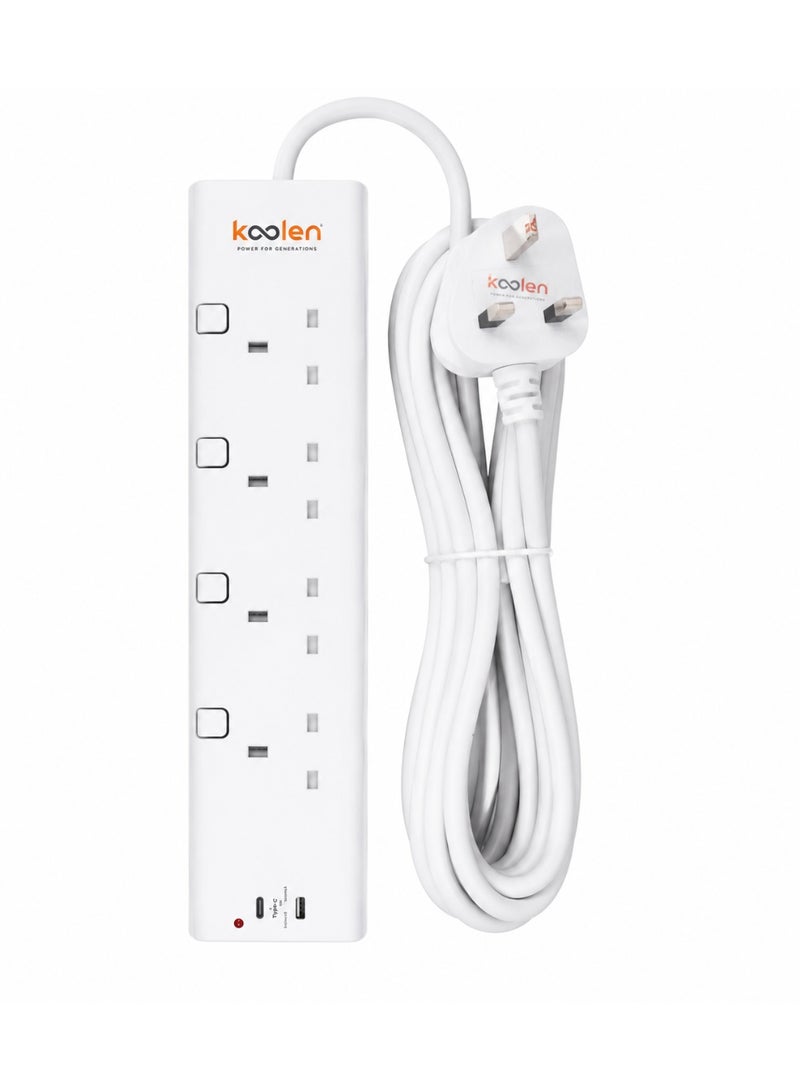 كولن كولين مشترك كهربائي 5 متر – 4 مخارج كهربائية مع منفذي USB Type-C للشحن السريع، 13 أمبير، أبيض - Image 2