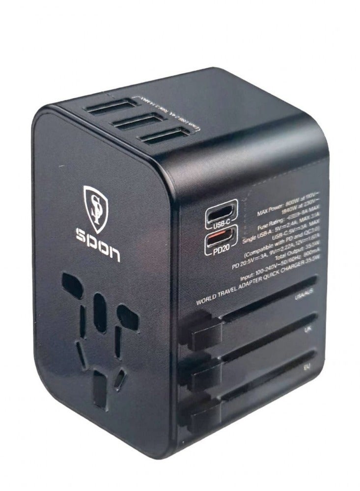 سبون شاحن السفر العالمي 6 في 1بقوة 35.5 وات ثلاث منافذ USB ومنفذين PD - Image 1