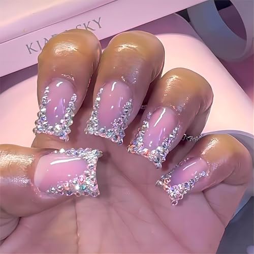 QQPPOLIU Short Press on Nails Square Nails with Rhinestone Design French Tips Cute Nails Press on Fake Nails for Girls(Pink & Silver) - Image 1