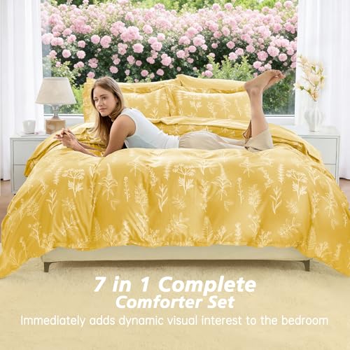 MUXHOMO Bright Yellow Bed in a Bag Queen 7 Pieces, Queen Comforter Set Reversible Botanical Flowers Design, Ultra Soft & Breathable Bedding Sets with Comforter, Sheets, Pillowcases & Shams - Image 4