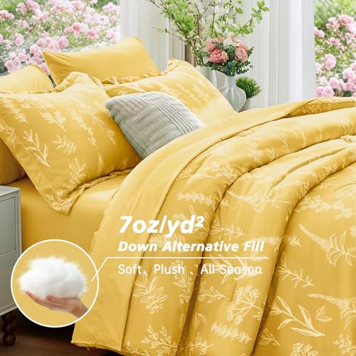 MUXHOMO Bright Yellow Bed in a Bag Queen 7 Pieces, Queen Comforter Set Reversible Botanical Flowers Design, Ultra Soft & Breathable Bedding Sets with Comforter, Sheets, Pillowcases & Shams - Image 3