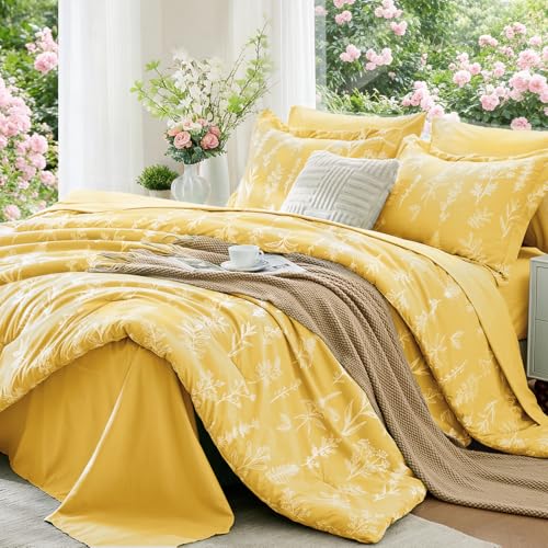 MUXHOMO Bright Yellow Bed in a Bag Queen 7 Pieces, Queen Comforter Set Reversible Botanical Flowers Design, Ultra Soft & Breathable Bedding Sets with Comforter, Sheets, Pillowcases & Shams - Image 1