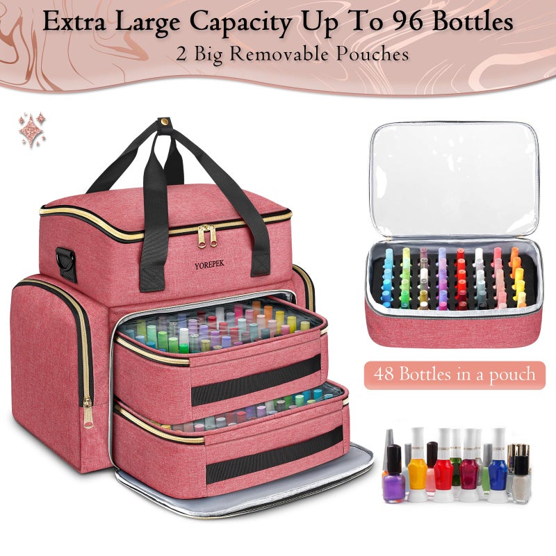 YOREPEK Nail Polish Organizer Case With Foam Inserts Protect Up 96 to 100+ Bottles (15ml/0.5 fl.oz) UV lamp, Travel Nail Tech Carrying Case with Adjustable Space for Gel Dip Powder Tips Set, Pink - Image 3