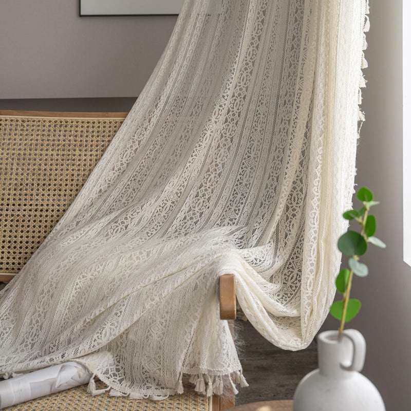 WAZZIO Boho Lace Curtains 45 inch Curtains 2 Panel,Rod Pocket Vintage Bohemian Farmhouse Crochet Cotton Geometry Privacy Sheer Curtain Drapes Farmhouse for Living Room Bedroom,Beige - Image 1