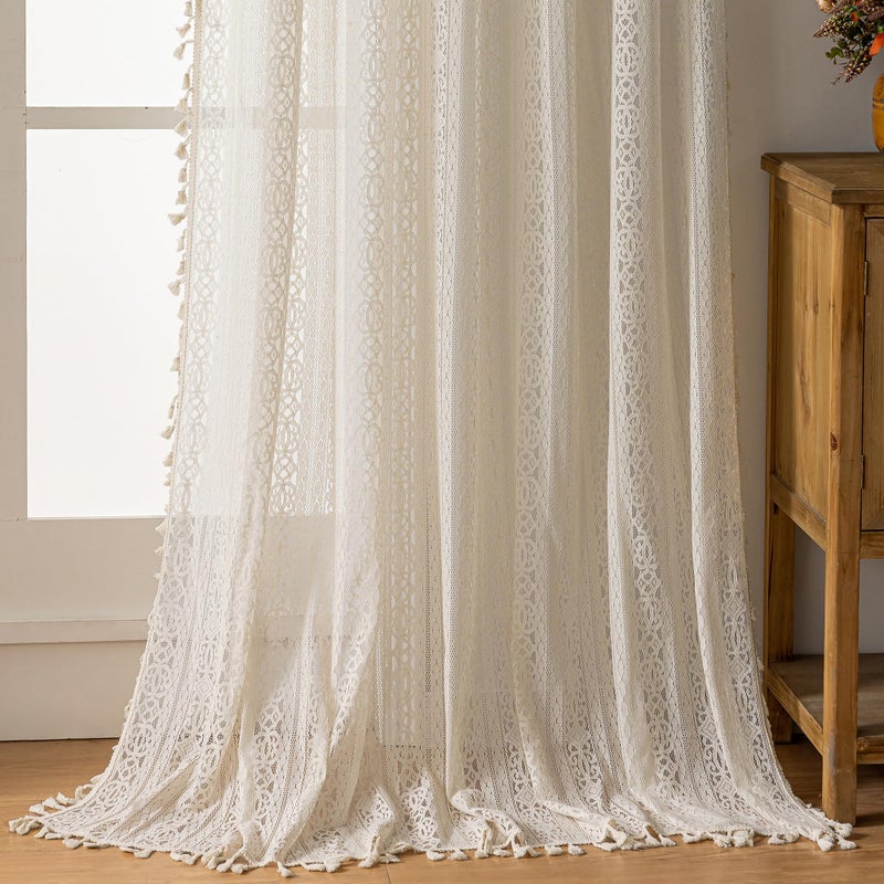 WAZZIO Boho Lace Curtains 45 inch Curtains 2 Panel,Rod Pocket Vintage Bohemian Farmhouse Crochet Cotton Geometry Privacy Sheer Curtain Drapes Farmhouse for Living Room Bedroom,Beige - Image 5