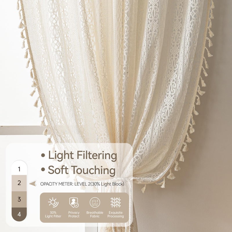 WAZZIO Boho Lace Curtains 45 inch Curtains 2 Panel,Rod Pocket Vintage Bohemian Farmhouse Crochet Cotton Geometry Privacy Sheer Curtain Drapes Farmhouse for Living Room Bedroom,Beige - Image 3