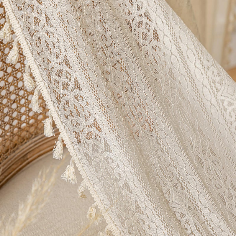WAZZIO Boho Lace Curtains 45 inch Curtains 2 Panel,Rod Pocket Vintage Bohemian Farmhouse Crochet Cotton Geometry Privacy Sheer Curtain Drapes Farmhouse for Living Room Bedroom,Beige - Image 4