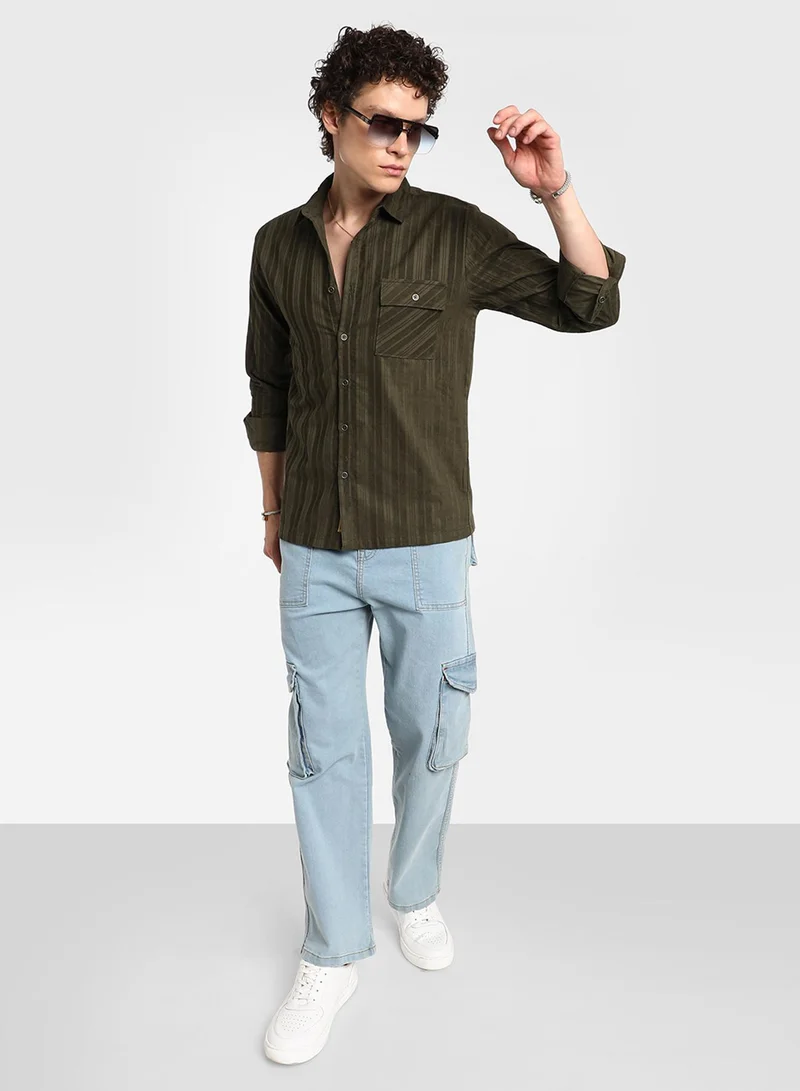 Campus Sutra Men's Fern Green Multitrack-Striped Shirt