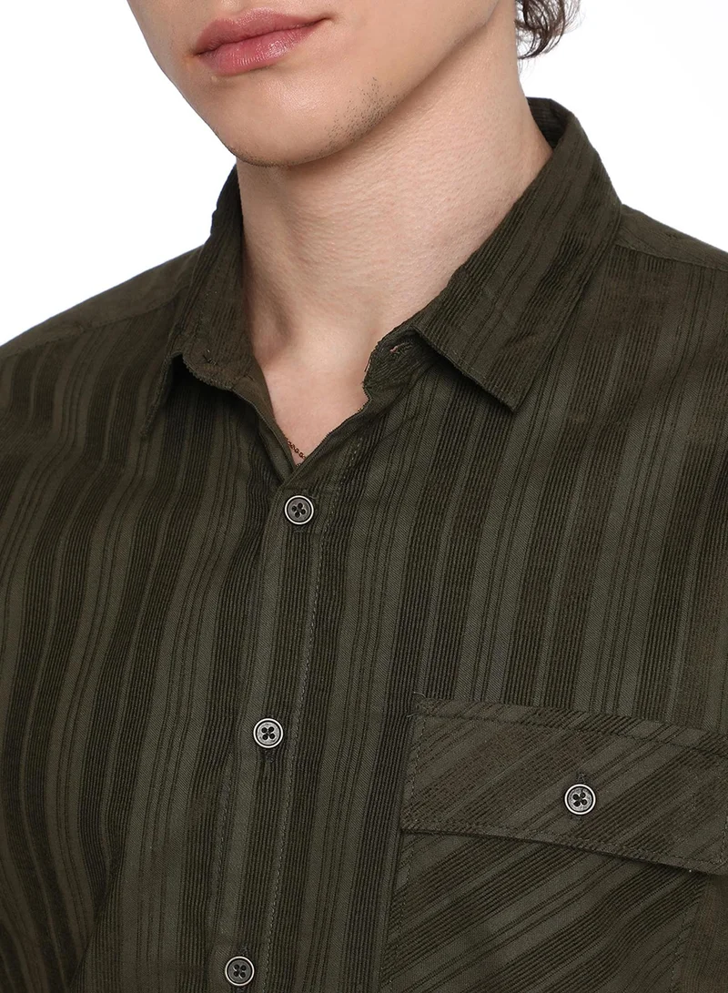 Campus Sutra Men's Fern Green Multitrack-Striped Shirt