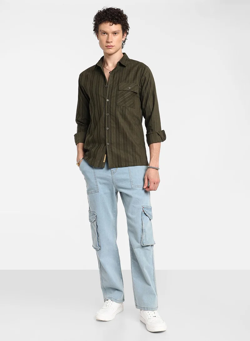 Campus Sutra Men's Fern Green Multitrack-Striped Shirt
