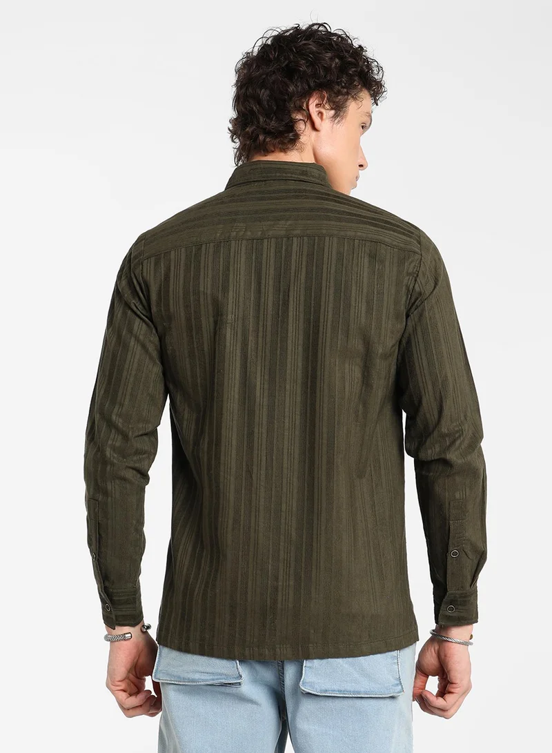 Campus Sutra Men's Fern Green Multitrack-Striped Shirt