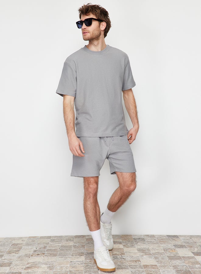 trendyol Premium Grey Regular 100% Cotton Textured Shorts - Image 2