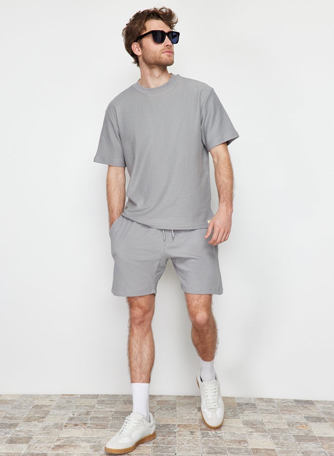 trendyol Premium Grey Regular 100% Cotton Textured Shorts - Image 3
