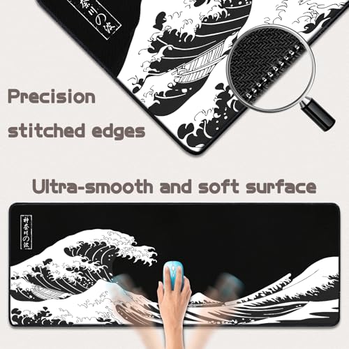 Yuhijoy Mouse Pad Gaming - Desk Mat for Keyboard and Mouse - Kanagawa Large Mouse Pad for Desk, Japanese Sea Wave Mousepad (31.5 x 11.8inch) with Non-Slip Base, Desks Pad Mat for Game, Office and Home - Image 3