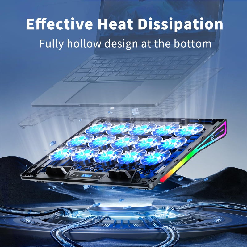 KeiBn Laptop Cooling Pad, Gaming Laptop Fan Cooling Pad with 15 Quiet Fans, RGB Laptop Cooler for 10-17.3 Inch, 4 Height Stands, 2 USB Ports - Blue - Image 2