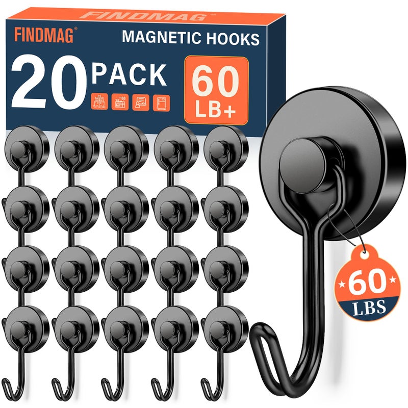 FINDMAG 20 Pack Magnetic Hooks 60lbs Magnetic Hooks Heavy Duty Strong Neodymium Magnet with Hook for Hanging Black Magnet Hooks for Classroom Workplace Refrigerator Cruise Ship Essentials - Image 2
