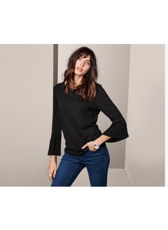 Tchibo Women Pleated Sleeve Plain Detail Blouse, Black  - Image 1