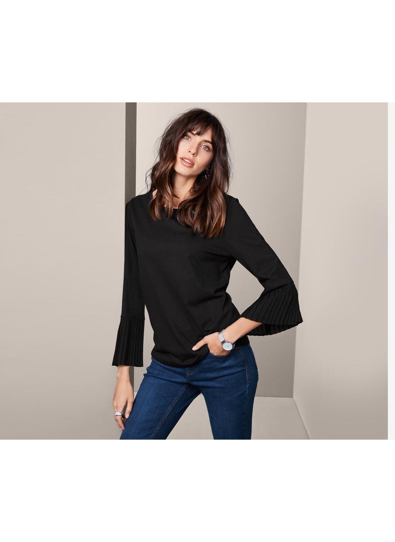 Tchibo Women Pleated Sleeve Plain Detail Blouse, Black  - Image 1