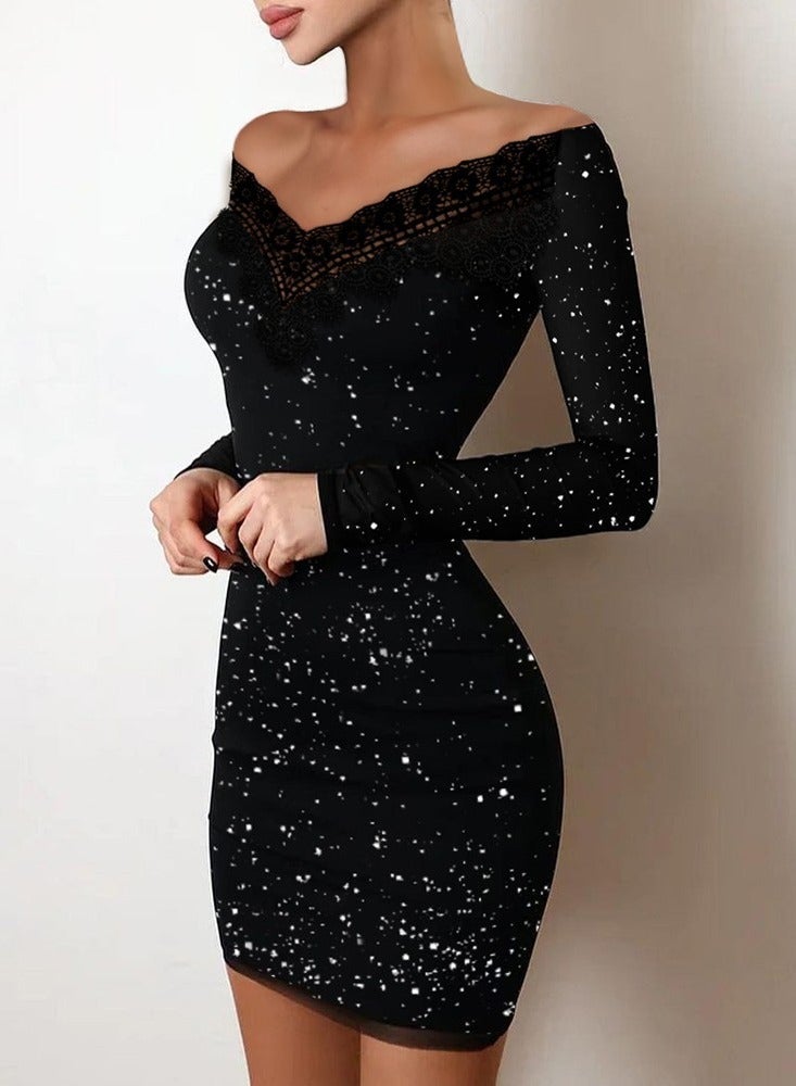 general فستان سهرة ميني أنيق للنساء، نحيف، فستان رسمي للمناسبات، شبكة، أكمام طويلة، فستان بروج ملفوف - Image 1