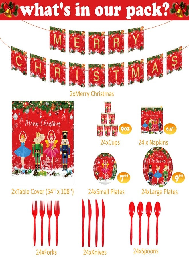 Ziliny 172 Pcs Christmas Nutcracker Party Supplies, Merry Christmas Banner Nutcracker Party Tablecloth Xmas Disposable Tableware Napkins for Xmas Theme Holiday Supplies Decoration, Serve for 24 - Image 2