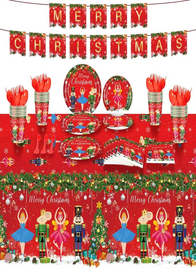 Ziliny 172 Pcs Christmas Nutcracker Party Supplies, Merry Christmas Banner Nutcracker Party Tablecloth Xmas Disposable Tableware Napkins for Xmas Theme Holiday Supplies Decoration, Serve for 24 - Image 1
