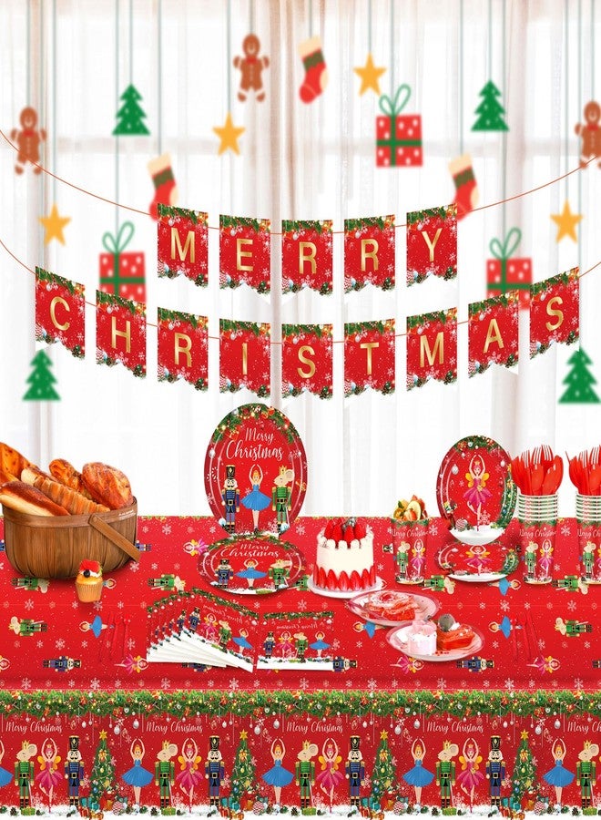 Ziliny 172 Pcs Christmas Nutcracker Party Supplies, Merry Christmas Banner Nutcracker Party Tablecloth Xmas Disposable Tableware Napkins for Xmas Theme Holiday Supplies Decoration, Serve for 24 - Image 5