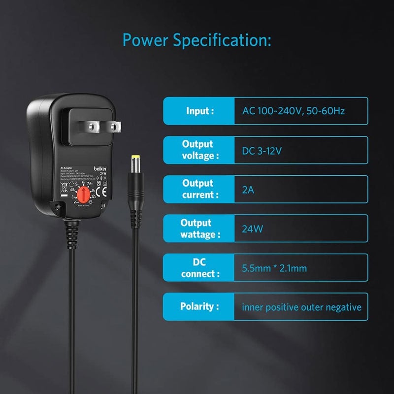 Belker 24W Multi Voltage 3V 4.5V 5V 6V 7.5V 9V 12V Universal AC DC Power Adapter Supply for Household Electronics - Max Amp 2000mA - Image 4