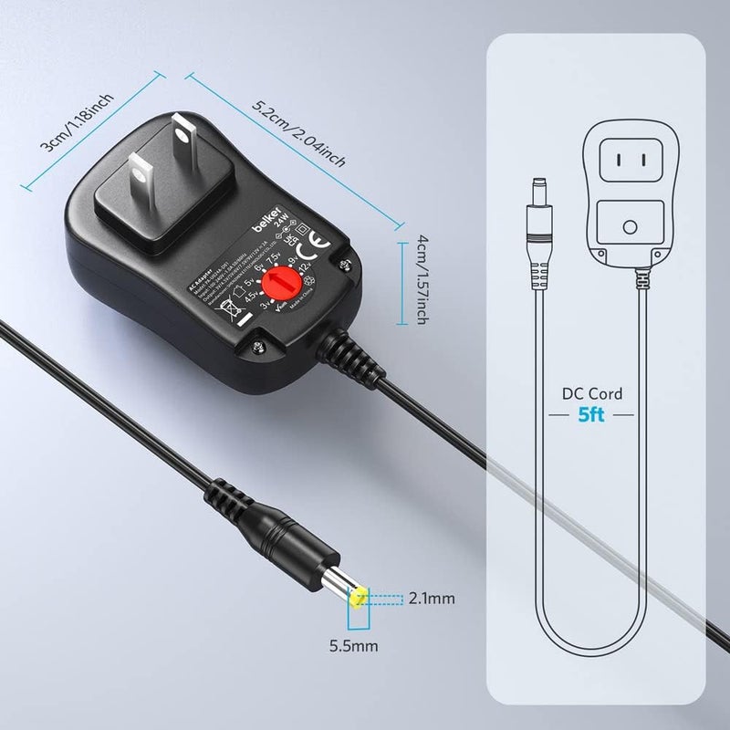 Belker 24W Multi Voltage 3V 4.5V 5V 6V 7.5V 9V 12V Universal AC DC Power Adapter Supply for Household Electronics - Max Amp 2000mA - Image 5