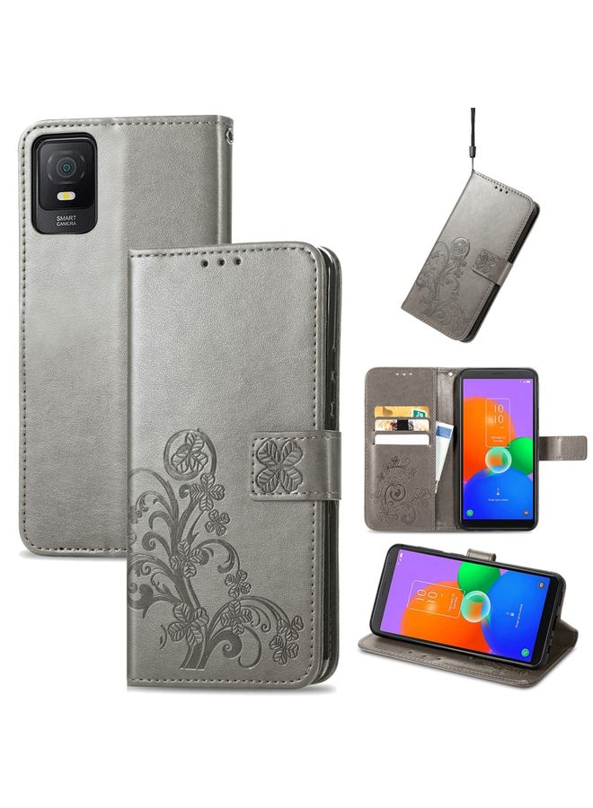 Case Cover For TCL 403 Four-leaf Clasp Embossed Buckle Leather Phone Case Gray