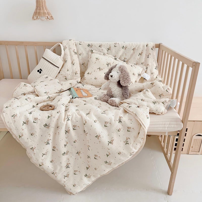 BuLuTu Cute Laurel Design Toddler Quilt Muslin Cotton Comforter Lightweight Soft Nursery Blankets Floral Beige Crib/Toddler Bed Quilted Blanket for Unisex Baby Boys Girls, 47"x59" - Image 3
