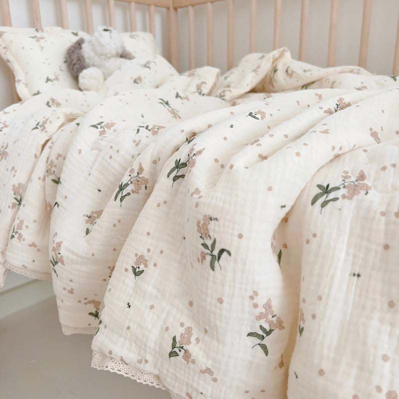 BuLuTu Cute Laurel Design Toddler Quilt Muslin Cotton Comforter Lightweight Soft Nursery Blankets Floral Beige Crib/Toddler Bed Quilted Blanket for Unisex Baby Boys Girls, 47"x59" - Image 4