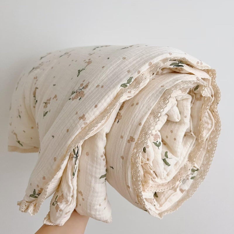 BuLuTu Cute Laurel Design Toddler Quilt Muslin Cotton Comforter Lightweight Soft Nursery Blankets Floral Beige Crib/Toddler Bed Quilted Blanket for Unisex Baby Boys Girls, 47"x59" - Image 1