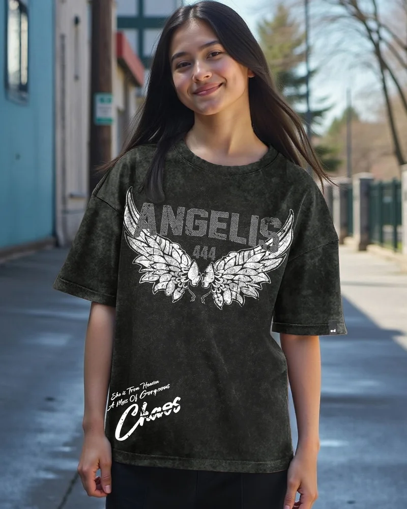 bewakoof Women's Black Angel Is Graphic Printed Oversized Acid Wash T-shirt